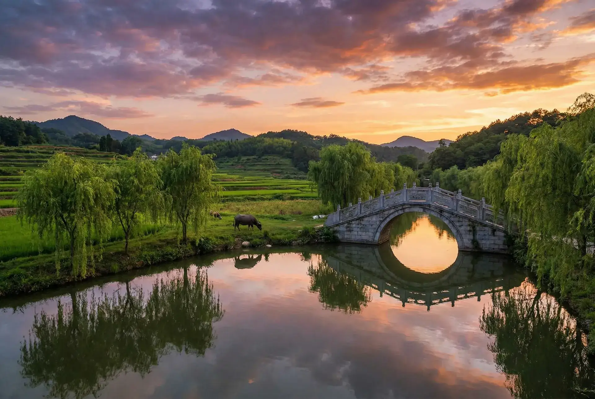夕阳下的石拱桥与垂柳，水牛在河边吃草 - 橘美沙 乡村美景