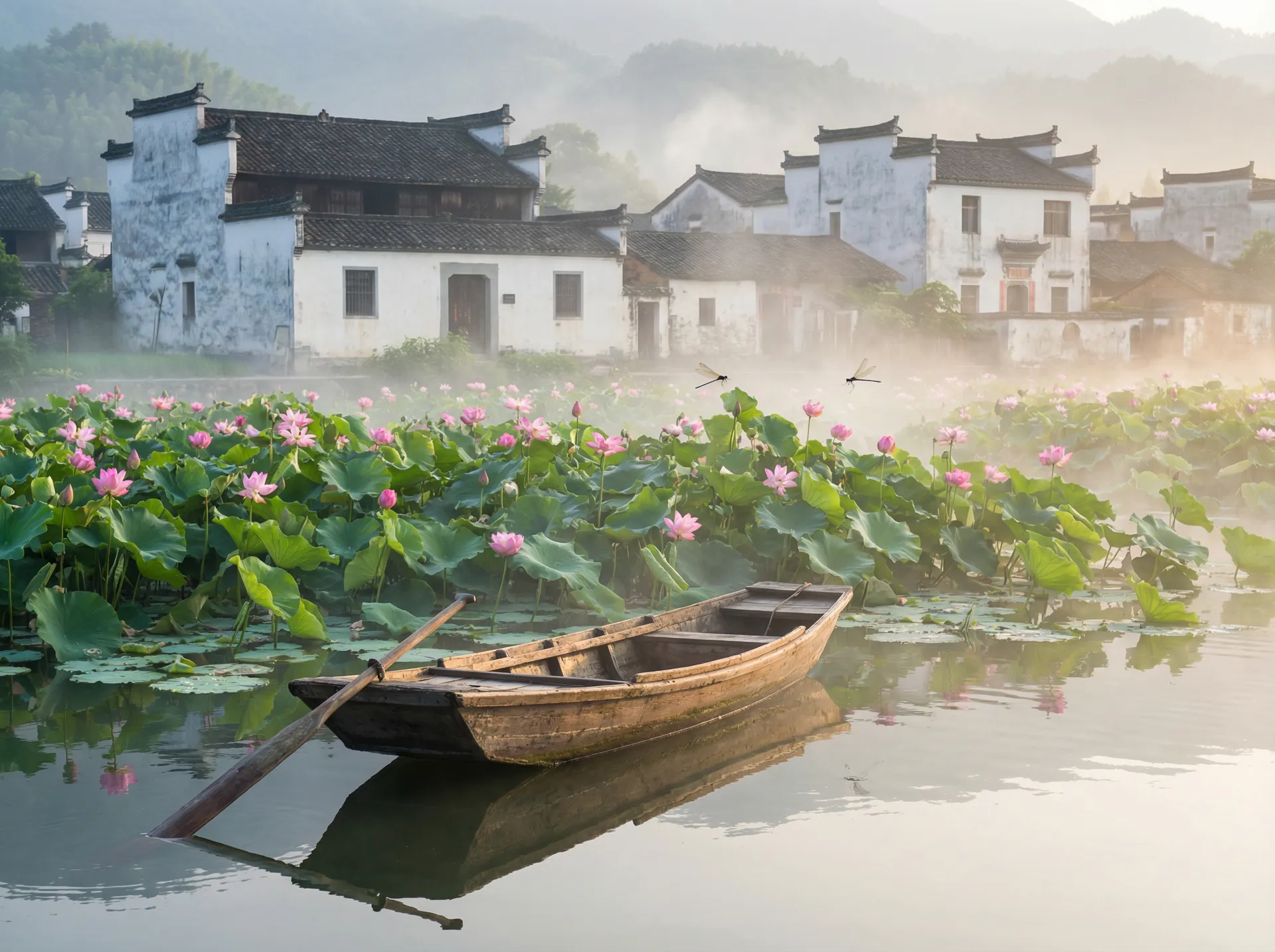 清晨荷塘小舟，粉色荷花盛开，白墙黑瓦的村庄 - 橘美沙 水乡风情